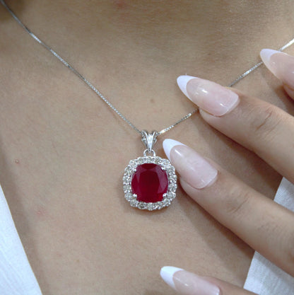Cushion Ruby with Natural Diamond Jewelry Set, Solitaire Halo Pendant with Stud Earrings, 18k White Gold Jewelry, Engagement Gift for Bride