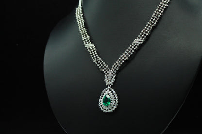 Emerald & Moissanite Necklace Earrings Set, 925 Sterling Silver Necklace, Anniversary Gift, Designer Jewelry, Wedding Necklace Set for Bride