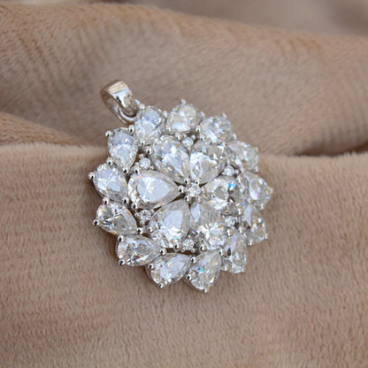White Moissanite 925 Sterling Silver Pendant, Statement Silver Jewelry for Women, Floral Design Pendant, Pear Shape Pendant, Wedding Jewelry