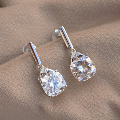 Solitaire Cushion Shape Dangle Earrings, Moissanite 925 Sterling Silver Earrings for Women, Vintage Handmade Earrings, Silver Gift for Wife