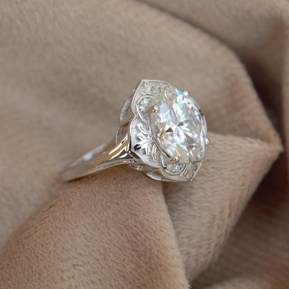 925 Sterling Silver Moissanite Ring, Designer Floral Ring, Luxurious Oval Cut Moissanite Jewelry, Cocktail Party Wear Ring, Graduation Gift