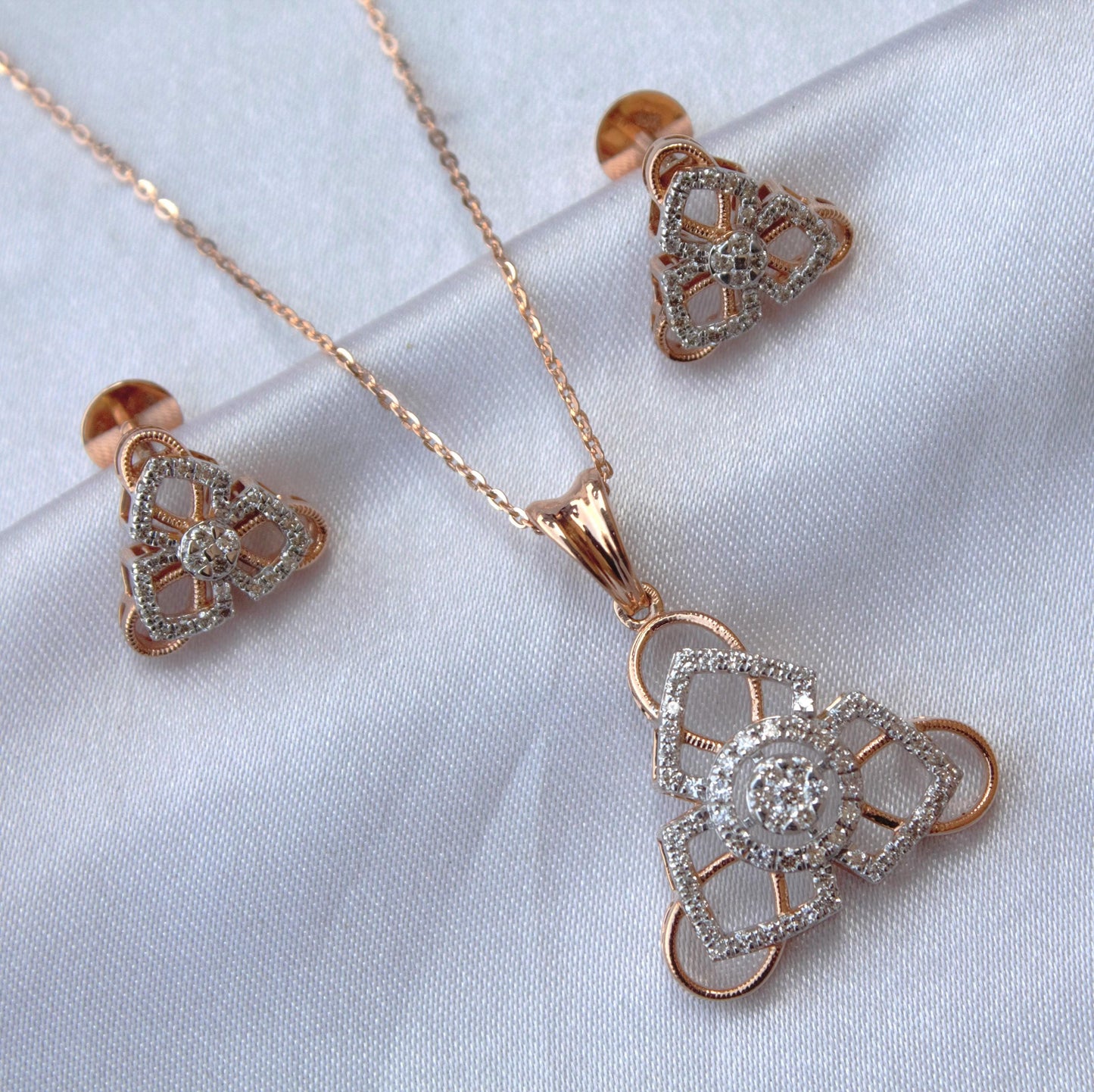 Rose Gold Diamond Jewelry Set, 18k Gold IGI Certified Diamond Pendant Earrings Set, Chain Pendant Necklace with Stud Earrings, Diamond Gift