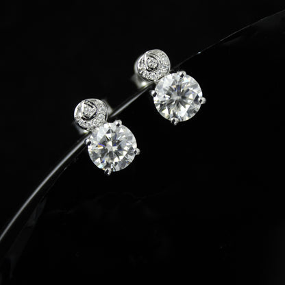 Statement Moissanite Stud Dangle Earrings, Round Cut White Stone Everyday Earrings, 925 Sterling Silver Push Back Earrings, Ready To Ship