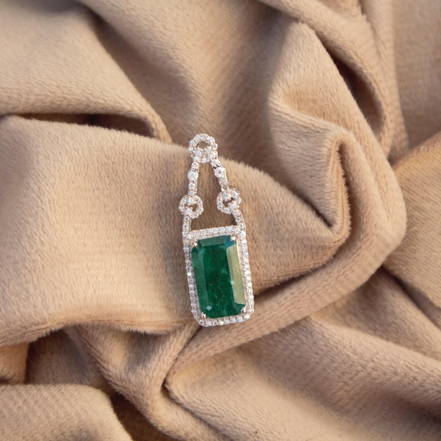 Moissanite & Green Inclusions Emerald Silver Pendant, Statement Pendant For Anniversary Gift, 925 Sterling Silver Emerald Cut Pendant