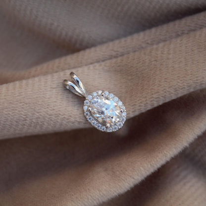 Oval Moissanite 925 Sterling Silver Halo Pendant, Minimalist Jewelry, Silver Dainty Pendant, Four Prong Pendant, Perfect Gift for Bridesmaid