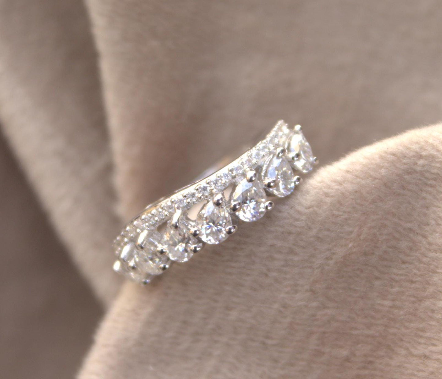 Half Eternity Moissanite Ring Band, Pear Cut White Stone Ring, 925 Sterling Silver Stackable Ring, Engagement/Anniversary Band, Gift for Her