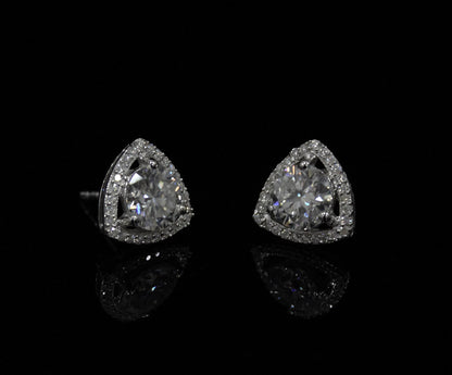 Silver Stud Moissanite Earrings for Her, Solitaire Halo Stud Earrings, Trillion Shape Earrings, Round Cut Earrings, 925 Sterling Silver Stud