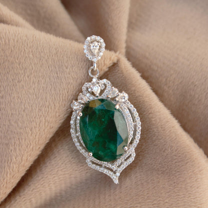 Oval & Round Silver Pendant, Delicate Sterling Silver Pendant, Emerald Inclusion With Moissanite Silver Pendant, Birthday Gift for Daughter