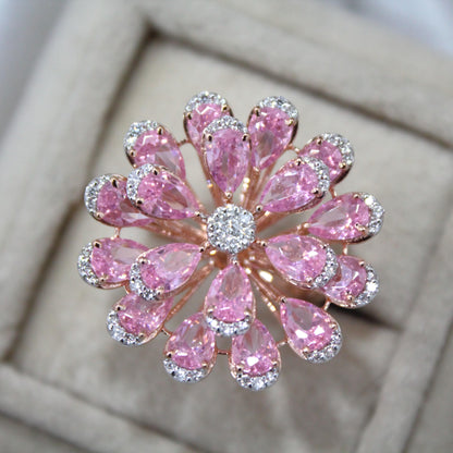 Pink Sapphire & Natural Diamond Flower Ring, Solid Gold Statement Jewelry, Elegant Natural Diamond Ring, Floral Fine Jewelry Gift for Women