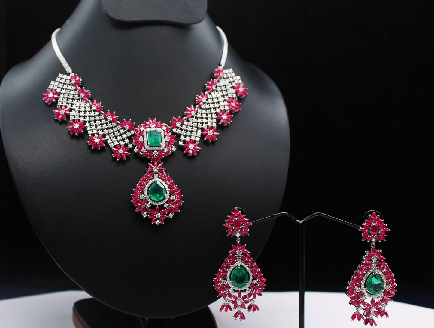 Ruby, Emerald with Moissanite Necklace, Party Wear 925 Sterling Silver Jewelry Set, Anniversary Gift For Wife, Beautiful Wedding Necklace