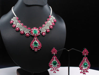 Ruby, Emerald with Moissanite Necklace, Party Wear 925 Sterling Silver Jewelry Set, Anniversary Gift For Wife, Beautiful Wedding Necklace