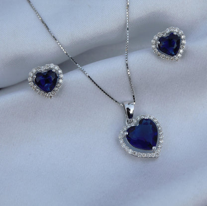 Heart Shape Blue Sapphire with Natural Diamond Jewelry Set, Solitaire Halo Pendant with Stud Earrings, 18k White Gold Jewelry Set for Girls