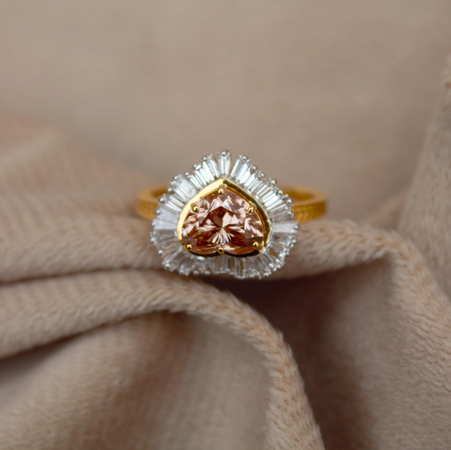 Natural Diamond with Lab Grown Diamond Heart Ring, 18K Solid Yellow Gold Ring, Heart Shape Engagement Ring for Bride, Baguette Diamond Ring