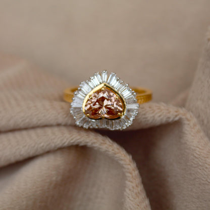 Natural Diamond with Lab Grown Diamond Heart Ring, 18K Solid Yellow Gold Ring, Heart Shape Engagement Ring for Bride, Baguette Diamond Ring