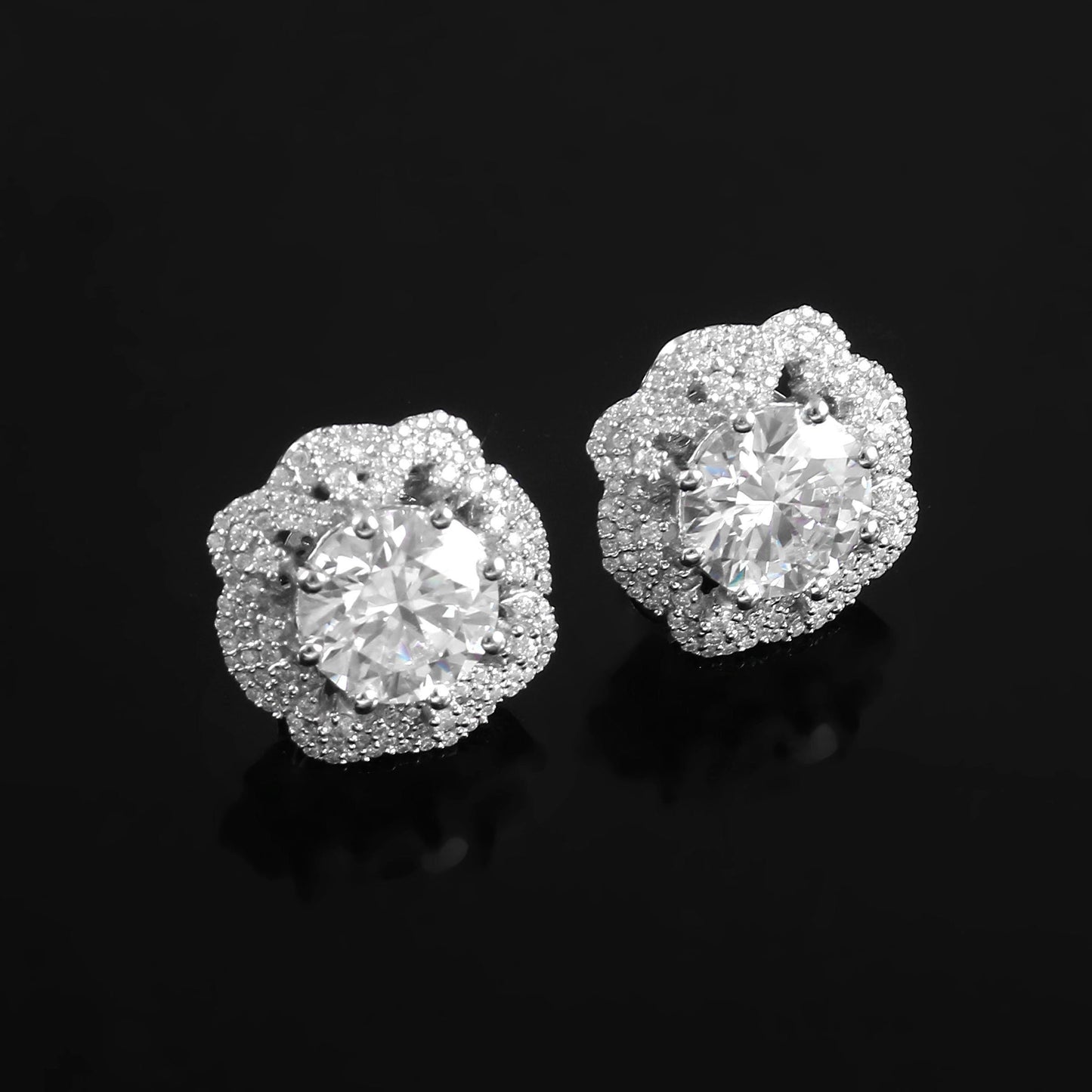 14K White Gold Stud Earrings, Round Cut Moissanite Halo Earring, Floral Gold Earrings, Push Back Earring, Wedding Gift, Handmade Jewelry