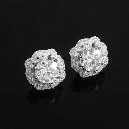 14K White Gold Stud Earrings, Round Cut Moissanite Halo Earring, Floral Gold Earrings, Push Back Earring, Wedding Gift, Handmade Jewelry