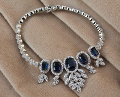 925 Sterling Silver CZ Jewelry Set, Synthetic Sapphire Choker Necklace Set for Women, Statement Bridal Necklace with Earrings-Ring-Bracelet