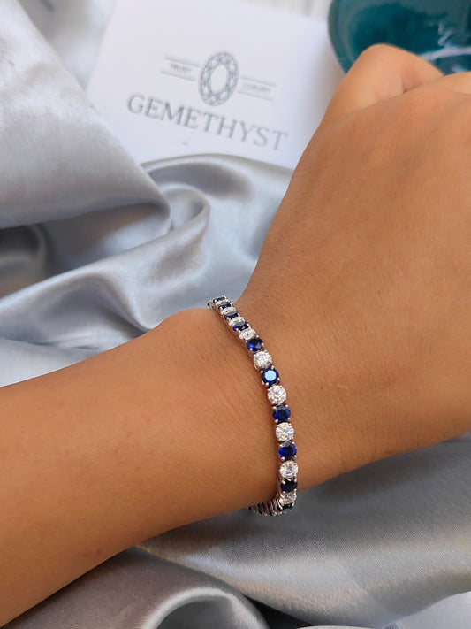Moissanite and Lab Made Sapphire Bracelet, 3.5 mm Stones Bracelet, Moissanite Jewelry, Blue Sapphire Jewelry, Statement Elegant Bracelet