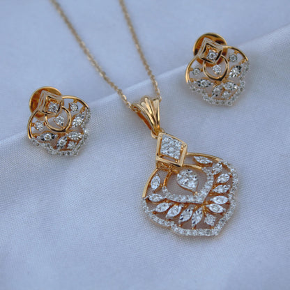 Solid 18K Yellow Gold Diamond Jewelry Set, Designer Gold Stud Earrings and Chain Pendant Set, Wedding Bridal Gold Jewelry Set, Perfect Gift