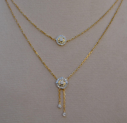 14k Solid Yellow Gold Double Layered Necklace, IGI Certified Gold Diamond Layering Necklace, 16 Inch Timeless Gold Necklace,Delicate Jewelry