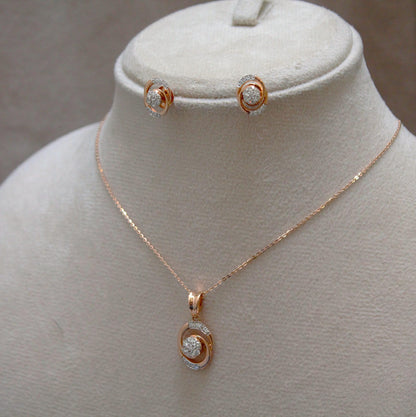 Natural Diamond Pendant Earrings Set, 18k Rose Gold Bridal Jewelry Set, Minimalist Oval Shape Pendant with Stud Earrings, Gift for Women