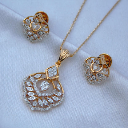 Solid 18K Yellow Gold Diamond Jewelry Set, Designer Gold Stud Earrings and Chain Pendant Set, Wedding Bridal Gold Jewelry Set, Perfect Gift