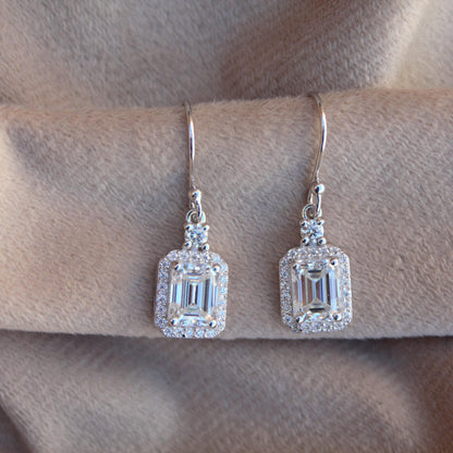 Emerald Cut Moissanite Dangle Earrings, Ear Wire Earrings for Women, 925 Sterling Silver Earrings, Minimalist Solitaire Halo Earrings