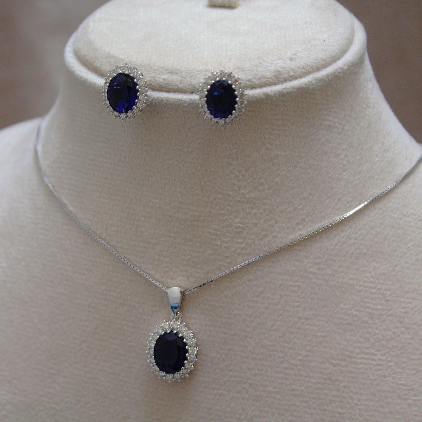 Oval Blue Sapphire with Natural Diamond Jewelry Set, Solitaire Halo Pendant with Stud Earrings, 18k White Gold Jewelry Set Gift for Women