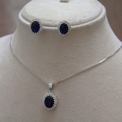 Oval Blue Sapphire with Natural Diamond Jewelry Set, Solitaire Halo Pendant with Stud Earrings, 18k White Gold Jewelry Set Gift for Women