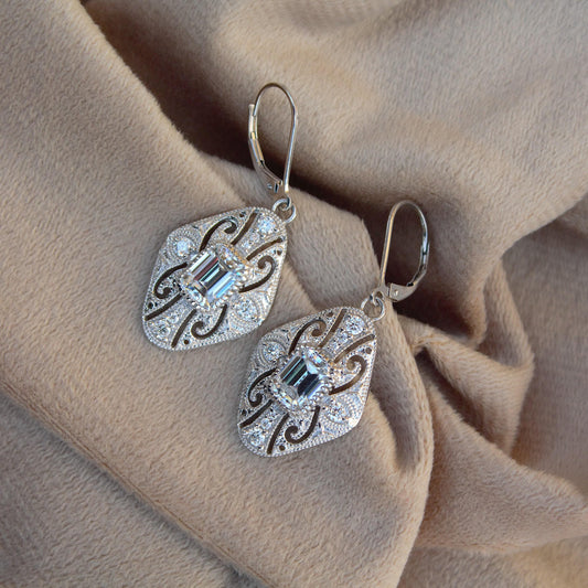 Vintage Style Moissanite Dangle Earrings, 925 Sterling Silver Art Deco Earrings, Antique Filigree Design Earrings, Emerald Cut Earrings