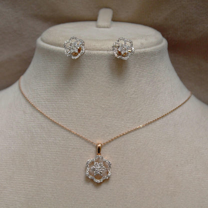 Floral Shape Gold Diamond Jewelry Set, 18k Rose Gold Chain Pendant with Stud Earrings, Real Diamond Bridal Jewelry Set for Wedding Gift
