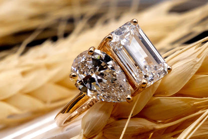 Lab Diamond Ring, EF VVS/ VS Lab Diamonds Gold Ring, Emerald Cut & Pear Cut Diamonds Ring, Solid Gold Wedding Ring for Bride, Christmas Gift