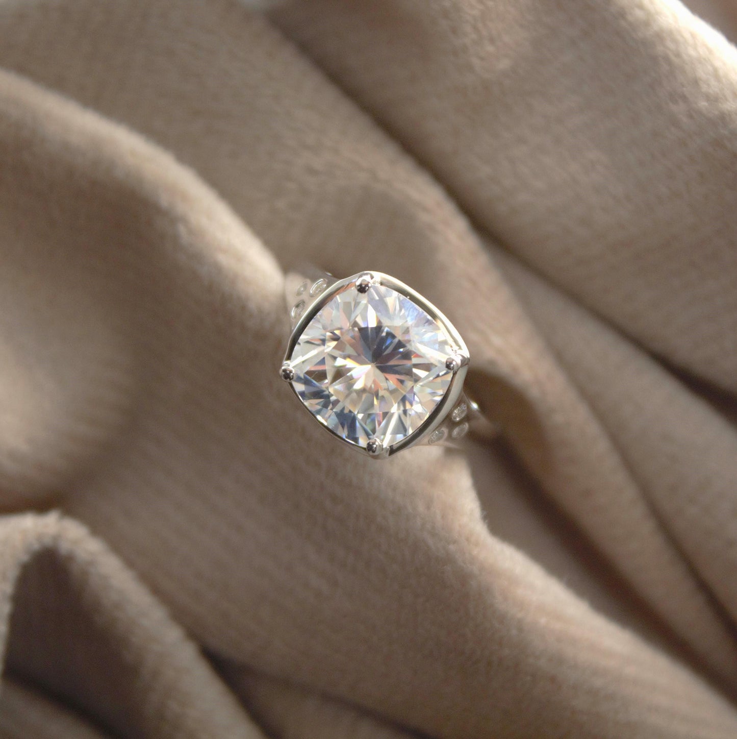 Cushion Cut Moissanite 925 Sterling Silver Ring, Prong Set Engagement Ring, Vintage Silver Ring, Lightweight Travel Jewelry, Gift for Him