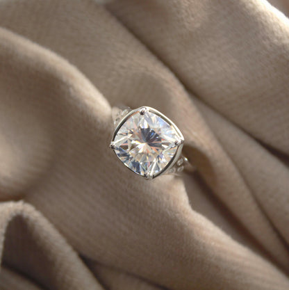 Cushion Cut Moissanite 925 Sterling Silver Ring, Prong Set Engagement Ring, Vintage Silver Ring, Lightweight Travel Jewelry, Gift for Him