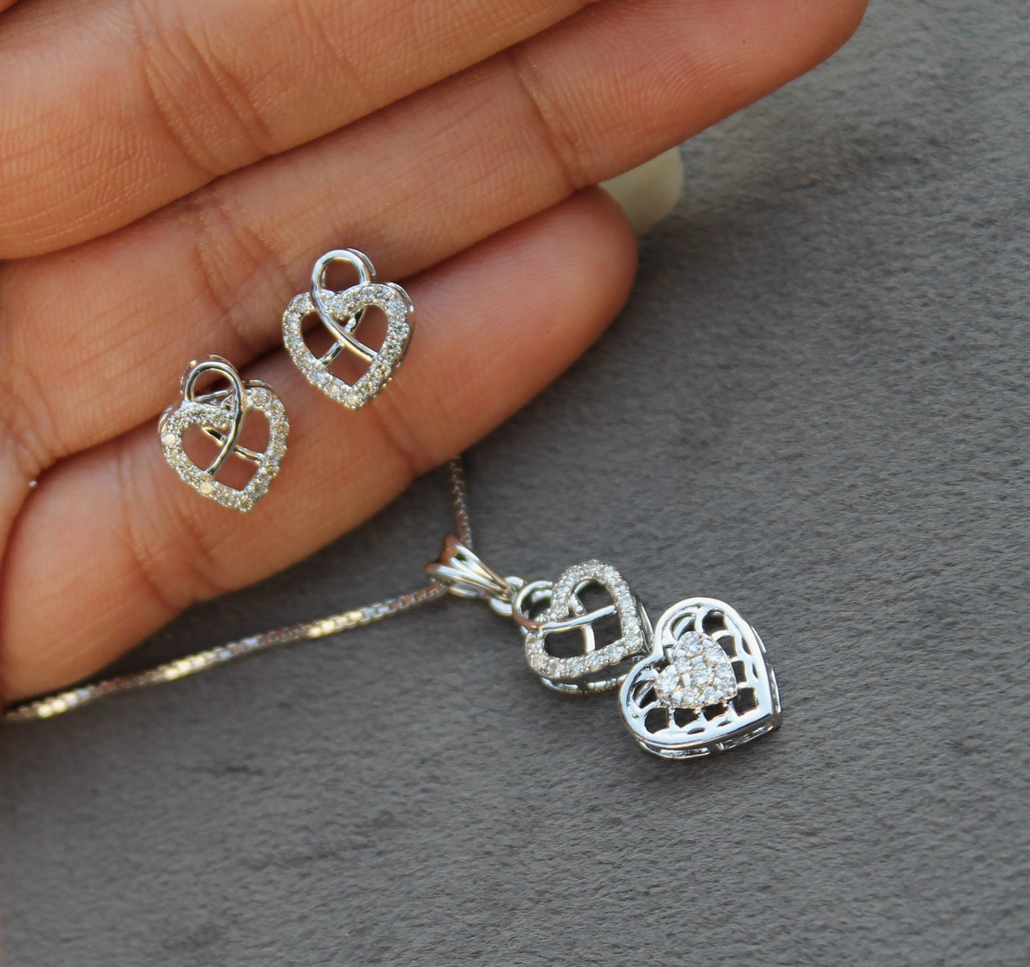 Heart Shape White Gold Pendant Earrings Set, Perfect Gift For Valentines Day, Natural Diamond Gold Jewelry Set, 18k Gold Pendant With Chain