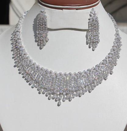 Statement Silver Necklace Set, Cubic Zirconia Choker Necklace With Earrings-Ring- Bracelet- Luxury Silver CZ Jewelry Set For Valentines Day