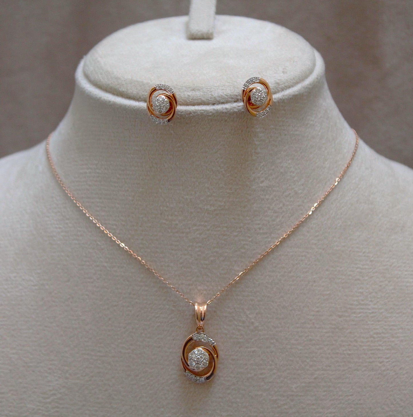 Natural Diamond Pendant Earrings Set, 18k Rose Gold Bridal Jewelry Set, Minimalist Oval Shape Pendant with Stud Earrings, Gift for Women