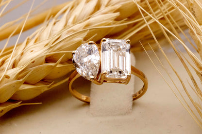 Lab Diamond Ring, EF VVS/ VS Lab Diamonds Gold Ring, Emerald Cut & Pear Cut Diamonds Ring, Solid Gold Wedding Ring for Bride, Christmas Gift