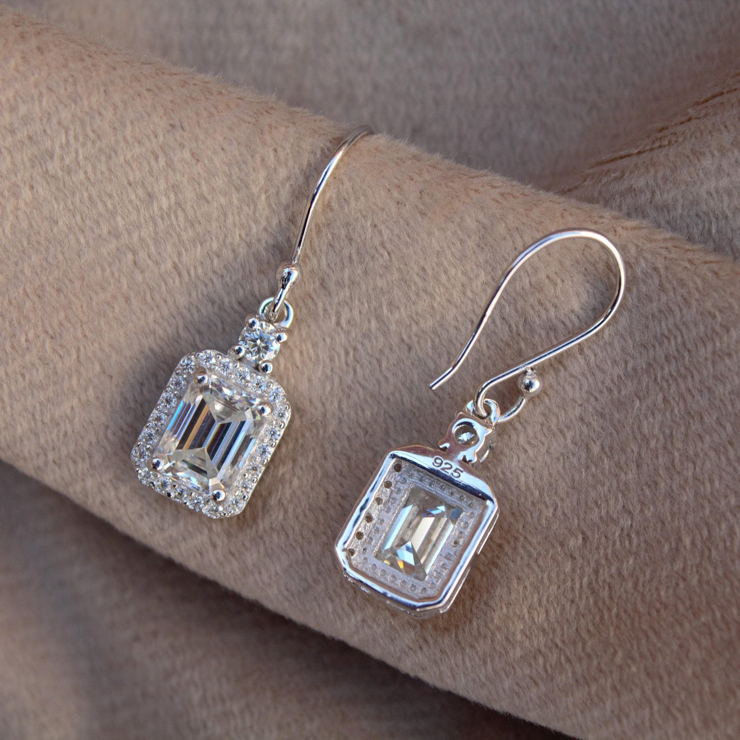 Emerald Cut Moissanite Dangle Earrings, Ear Wire Earrings for Women, 925 Sterling Silver Earrings, Minimalist Solitaire Halo Earrings
