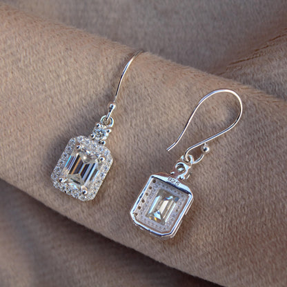 Emerald Cut Moissanite Dangle Earrings, Ear Wire Earrings for Women, 925 Sterling Silver Earrings, Minimalist Solitaire Halo Earrings