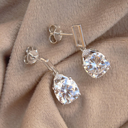 Solitaire Cushion Shape Dangle Earrings, Moissanite 925 Sterling Silver Earrings for Women, Vintage Handmade Earrings, Silver Gift for Wife