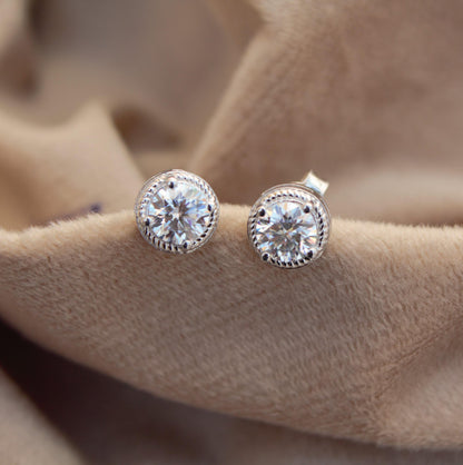 Moissanite Round Cut Statement Earrings, 925 Sterling Silver Stud Earrings for Her, Silver Minimalist Stud Earring, White Moissanite Jewelry
