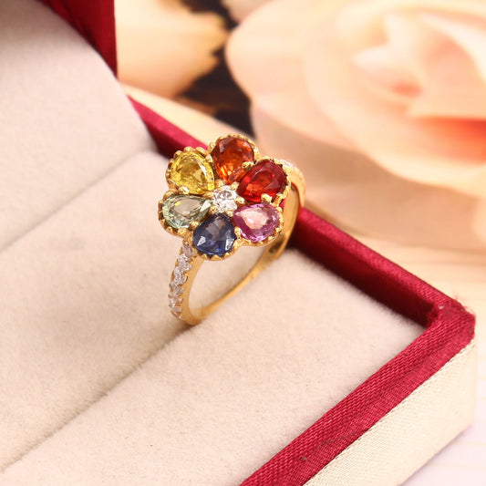 Natural Rainbow Sapphire Ring, Moissanite Engagement Gold Ring, Flower Ring, Colorful Sapphire Ring, Pear Cut Stone Ring, Designer Jewelry