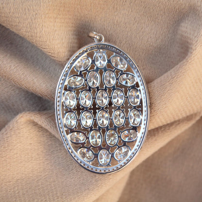 Oval Shape Statement 925 Silver Pendant, Oval & Round Moissanite Pendant For Anniversary Gift, Heavy Victorian Style Pendant For Her