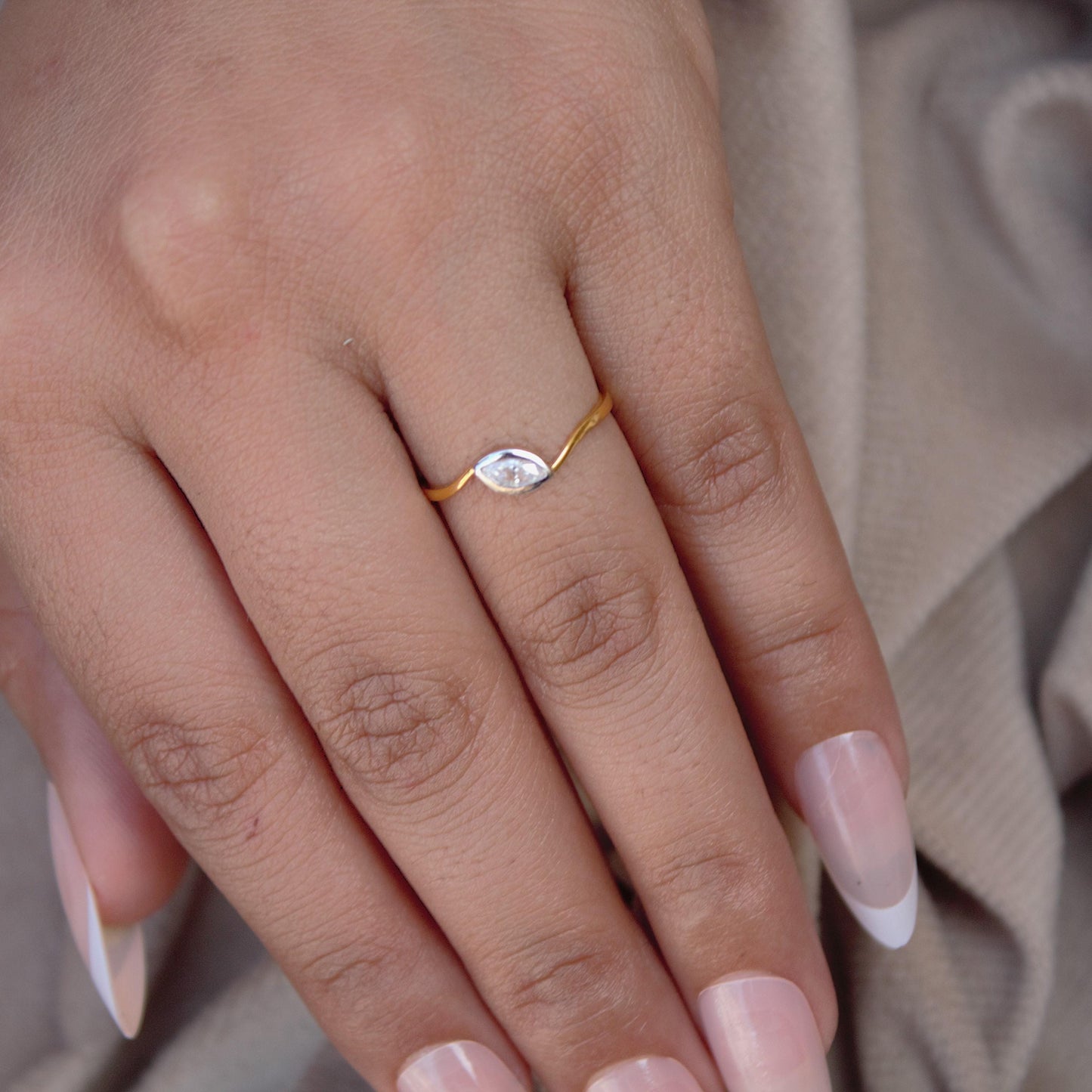 Marquise Cut Solitaire Ring, 18K Gold 1 Gram Moissanite Ring, Tiny Gold Moissanite Ring, Ideal Gift for Her, Bezel Setting Single Stone Ring