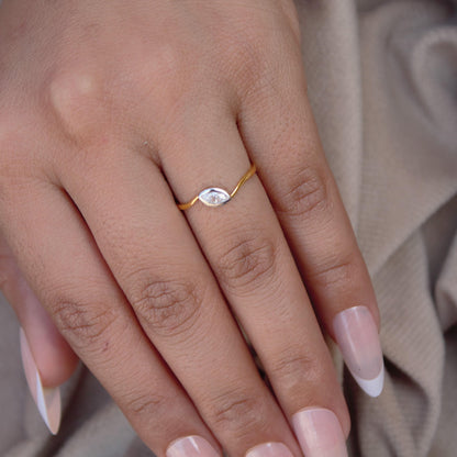 Marquise Cut Solitaire Ring, 18K Gold 1 Gram Moissanite Ring, Tiny Gold Moissanite Ring, Ideal Gift for Her, Bezel Setting Single Stone Ring