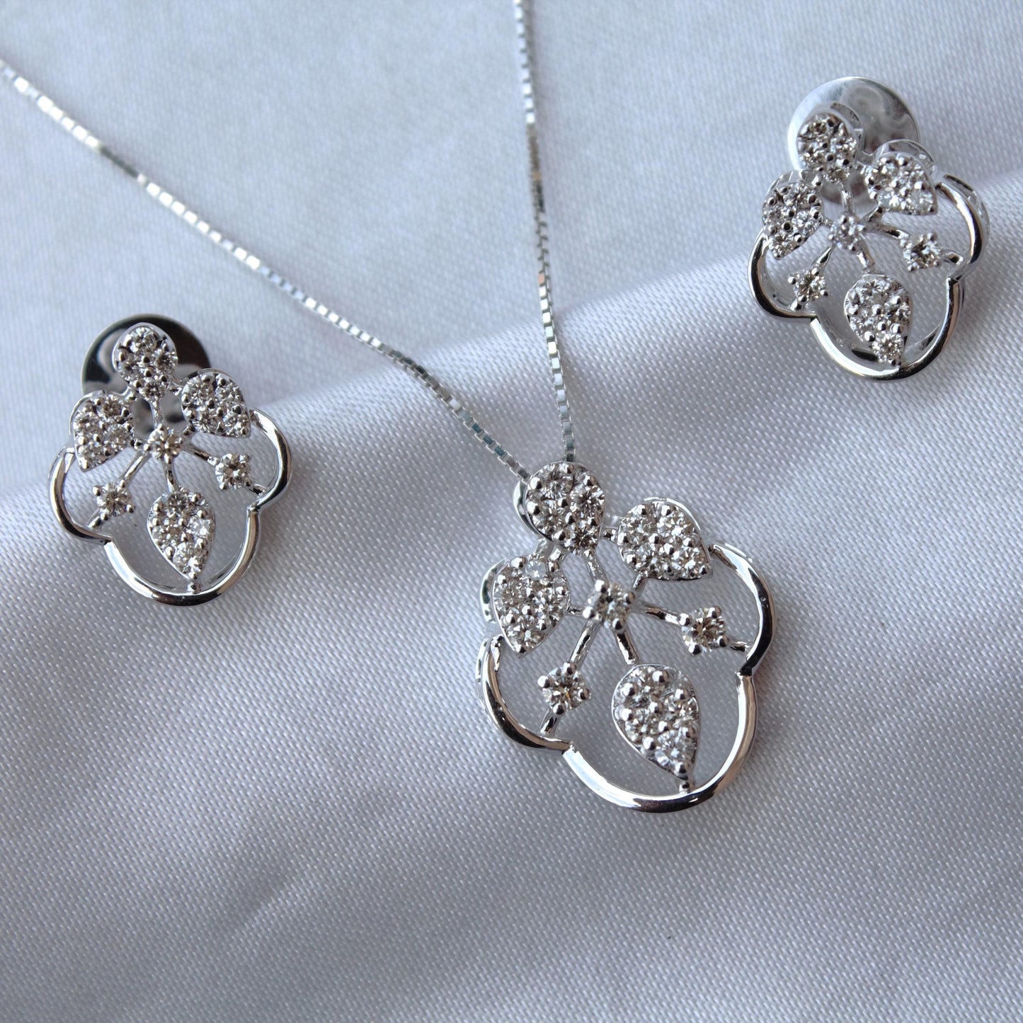 Natural Diamond Jewelry Set in Solid 18k Gold, Designer Pendant Necklace with Stud Earrings, IGI Certified Jewelry, White Gold Jewelry Gift