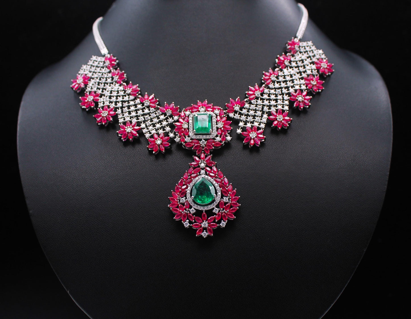Ruby, Emerald with Moissanite Necklace, Party Wear 925 Sterling Silver Jewelry Set, Anniversary Gift For Wife, Beautiful Wedding Necklace
