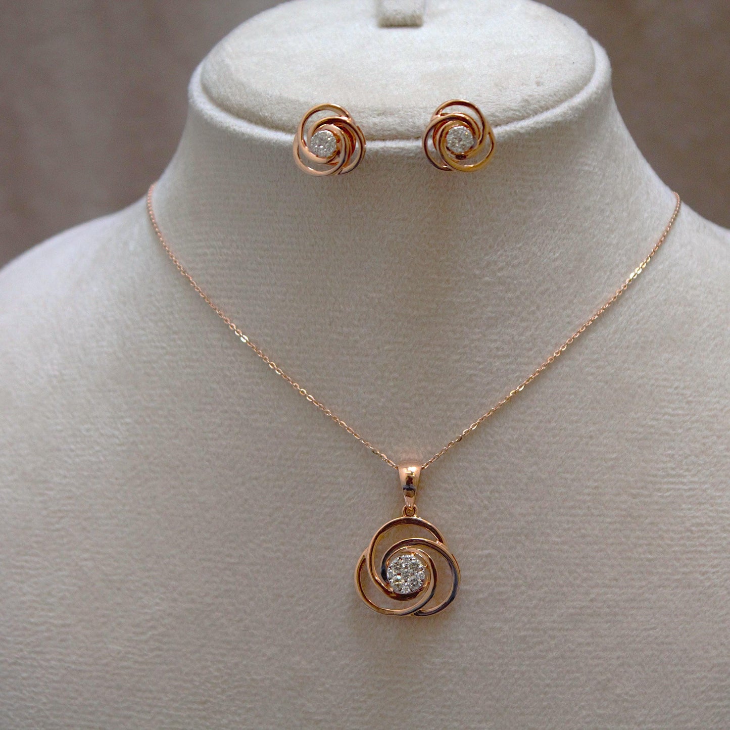 Real Diamond Solitaire Necklace Set, Round Cut Pendant with Stud Earrings,18k Rose Gold Charm Pendant, Tiny Stud Earrings, Gift for Daughter