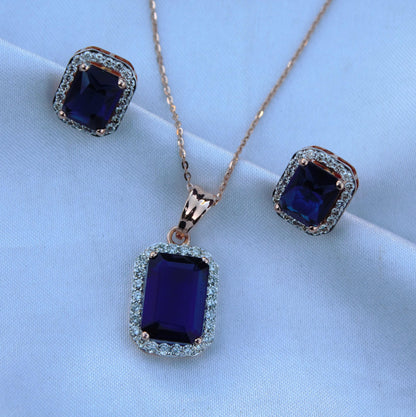 Blue Sapphire with Real Diamond Jewelry Set, 18k Rose Gold Solitaire Halo Pendant with Stud Earrings, Emerald Cut Necklace Earrings Set